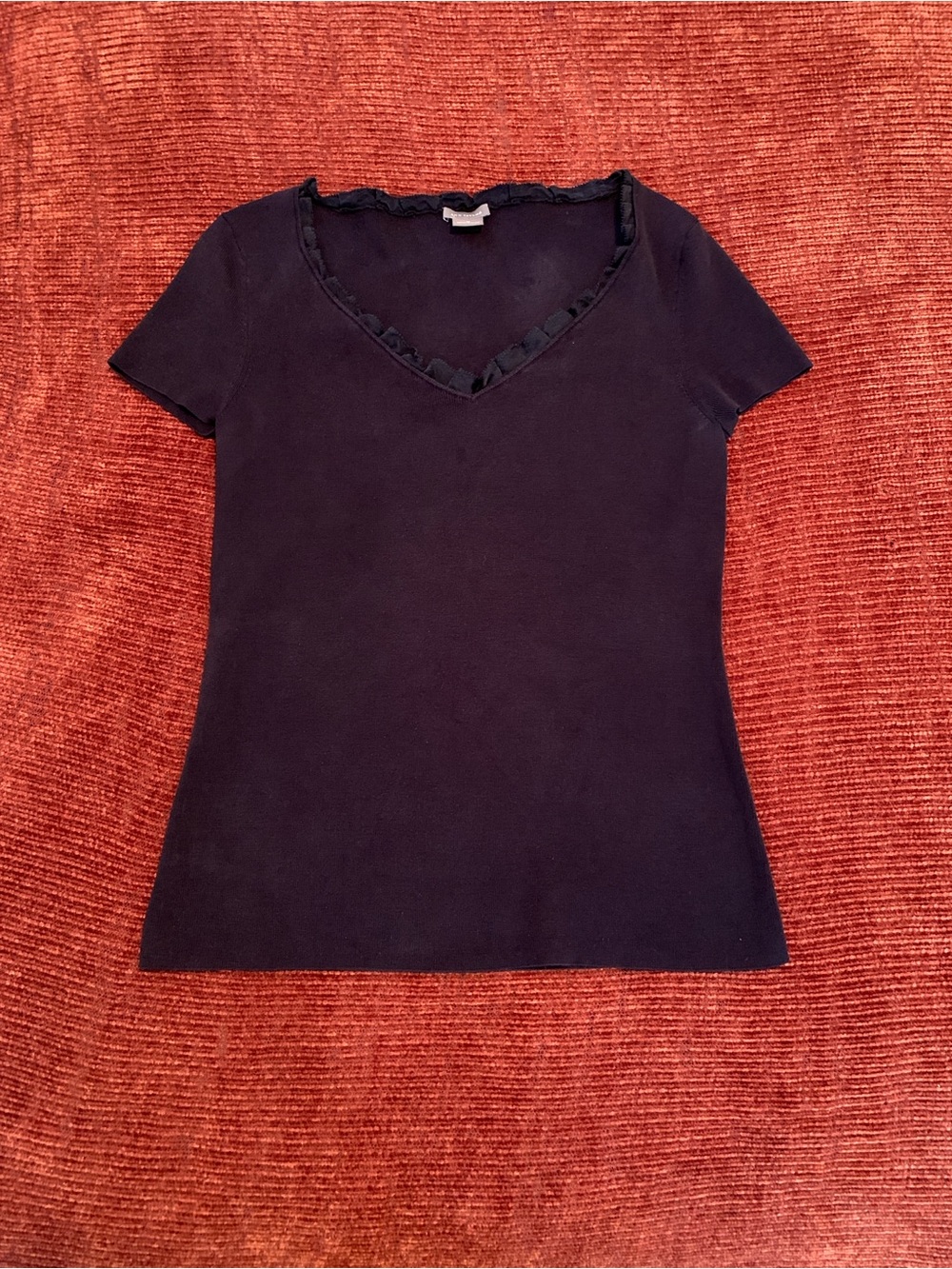 Black V-Neck Short Sleeve Top with Ruffle Trim